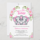 Tweeling Meisjes Roze Bloemen Olifant Boog Baby sh Kaart (Voorkant)