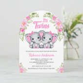 Tweeling Meisjes Roze Bloemen Olifant Boog Baby sh Kaart (Staand voorkant)