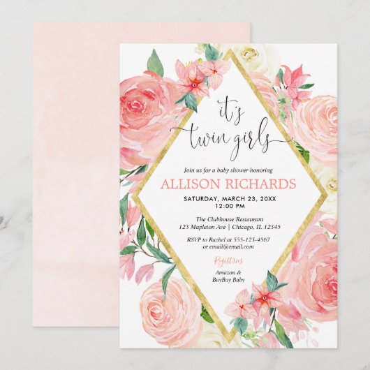 Tweeling meisjes roze gouden bloemen waterverf bab kaart (Voorkant / Achterkant)