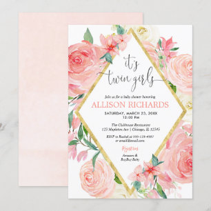 Tweeling meisjes roze gouden bloemen waterverf bab kaart