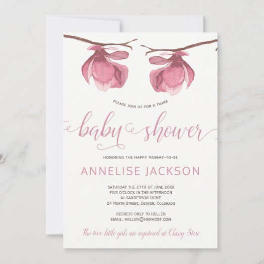 Tweeling meisjes roze witte bloemen baby shower kaart (Voorkant)
