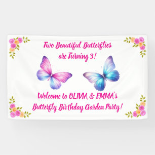 Tweeling Meisjes Vlinder Verjaardagsbanner Bewerkb Spandoek