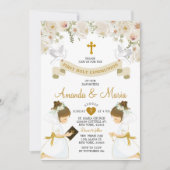 Tweeling Meisjes Witte Bloemen Goud Eerste Heilige Kaart (Voorkant)