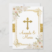 Tweeling Meisjes Witte Bloemen Goud Eerste Heilige Kaart (Achterkant)