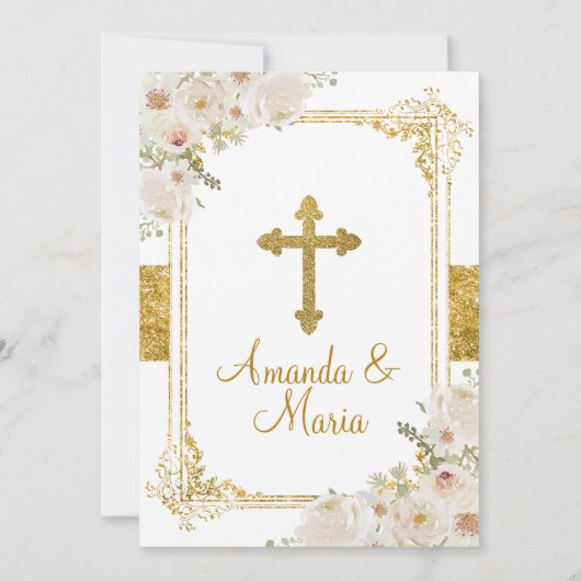 Tweeling Meisjes Witte Bloemen Goud Eerste Heilige Kaart (Achterkant)