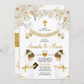 Tweeling Meisjes Witte Bloemen Goud Eerste Heilige Kaart (Voorkant / Achterkant)