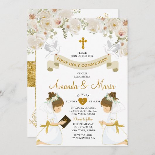 Tweeling Meisjes Witte Bloemen Goud Eerste Heilige Kaart (Voorkant / Achterkant)