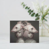 Tweeling Met Roze Vissen Op Hoofden Horror AI Art Briefkaart (Staand voorkant)