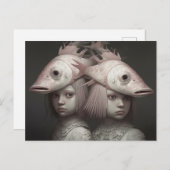 Tweeling Met Roze Vissen Op Hoofden Horror AI Art Briefkaart (Voorkant / Achterkant)