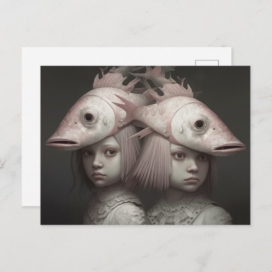Tweeling Met Roze Vissen Op Hoofden Horror AI Art Briefkaart (Voorkant / Achterkant)