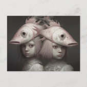 Tweeling Met Roze Vissen Op Hoofden Horror AI Art Briefkaart (Voorkant)
