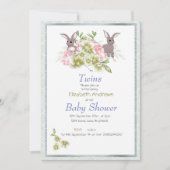 Tweeling Mint Bloem Konijn Baby Shower Uitnodiging (Voorkant)