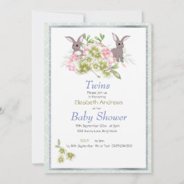 Tweeling Mint Bloem Konijn Baby Shower Uitnodiging