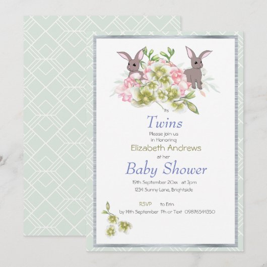 Tweeling Mint Bloem Konijn Baby Shower Uitnodiging (Voorkant / Achterkant)