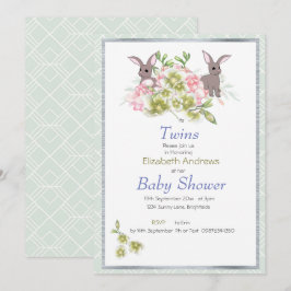 Tweeling Mint Bloem Konijn Baby Shower Uitnodiging