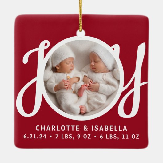 Tweeling Namen Geboorte Stats Foto Red Keepsake Keramisch Ornament (Achterkant)