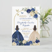 Tweeling Navy Blue Ivoor Prinsessen Quinceañera Kaart (Staand voorkant)