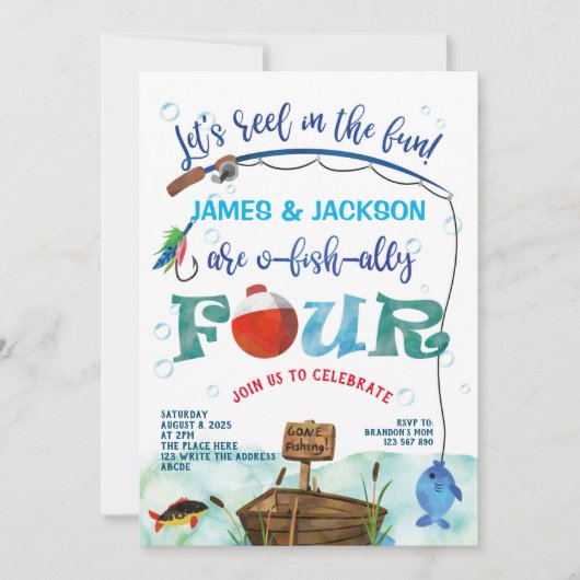 Tweeling O-fish-ally Kleine Visser 4de verjaardag  Kaart (Voorkant)