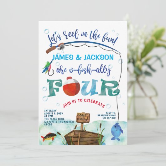 Tweeling O-fish-ally Kleine Visser 4de verjaardag  Kaart (Staand voorkant)