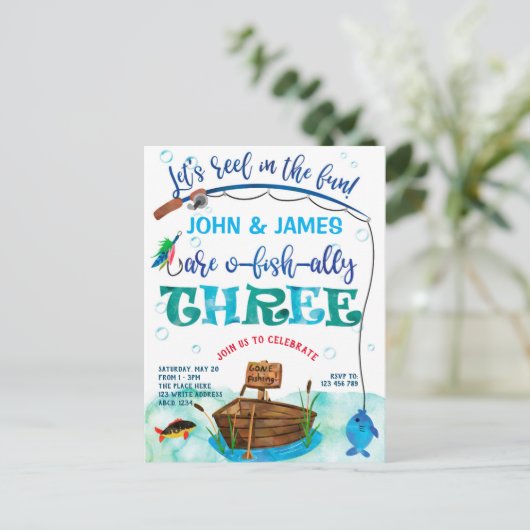 Tweeling O-vis-ally vissen thema 3e verjaardag Uitnodiging Briefkaart (Staand voorkant)
