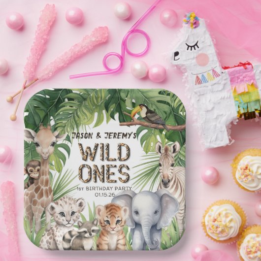 Tweeling Oerwoud safaridieren wild een 1e verjaard Papieren Bordje (Feest)