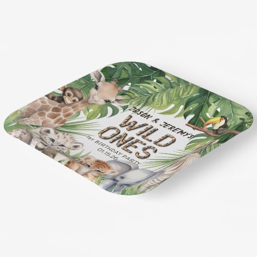 Tweeling Oerwoud safaridieren wild een 1e verjaard Papieren Bordje (Gebogen)