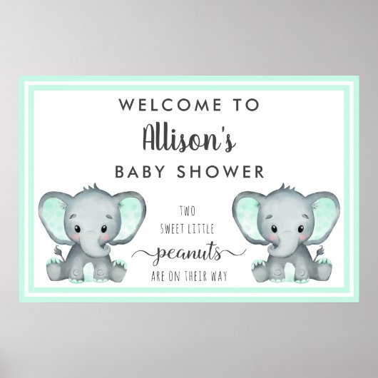 Tweeling Olifanten Mint Baby Shower Welkom Poster (Voorkant)