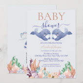 Tweeling onder het Zee Whale Waterverf Baby shower Kaart (Voorkant / Achterkant)