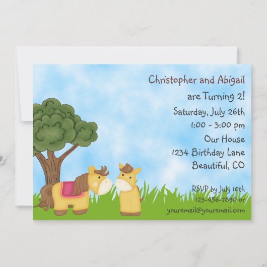 Tweeling Paard Verjaardag Uitnodigen ~ Tweeling Me Kaart (Achterkant)