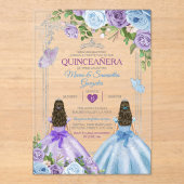 Tweeling Paarse en Blauwe Vlinder Zilveren Quincea Acryl Uitnodigingen (Voorkant)