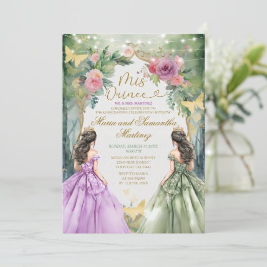 Tweeling Paarse en groene prinses Mis Quince Kaart (Staand voorkant)