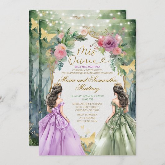 Tweeling Paarse en groene prinses Mis Quince Kaart (Voorkant / Achterkant)