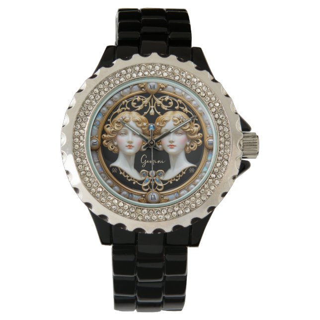 Tweeling, parel en goud gepersonaliseerd horloge (Voorkant)