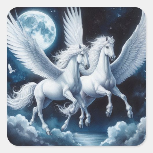 Tweeling Pegasus Vliegen Met De Maan Achter Zich Vierkante Sticker (Voorkant)