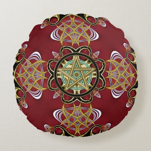 Tweeling Pentakel Symbool Eindeloze Passie Rood Go Rond Kussen (Voorkant)