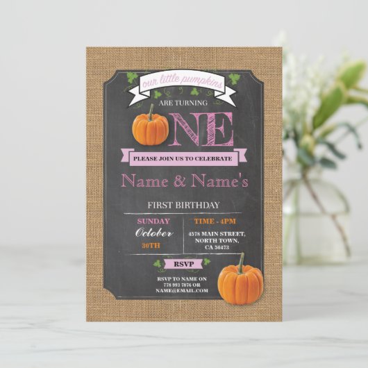 Tweeling pompoen 1e 1e 1e verjaardagsfeestje Uitno Kaart (Staand voorkant)