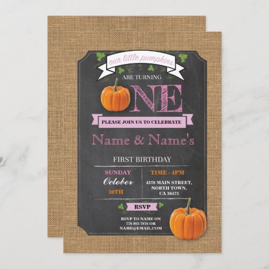 Tweeling pompoen 1e 1e 1e verjaardagsfeestje Uitno Kaart (Voorkant / Achterkant)