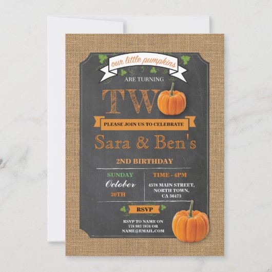 Tweeling pompoen 2e tweede twee verjaardagsfeestje kaart (Voorkant)