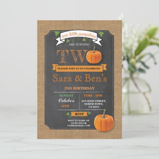 Tweeling pompoen 2e tweede twee verjaardagsfeestje kaart (Staand voorkant)