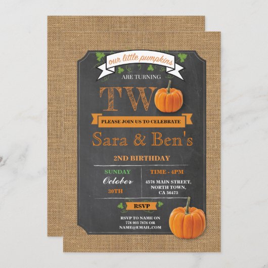 Tweeling pompoen 2e tweede twee verjaardagsfeestje kaart (Voorkant / Achterkant)