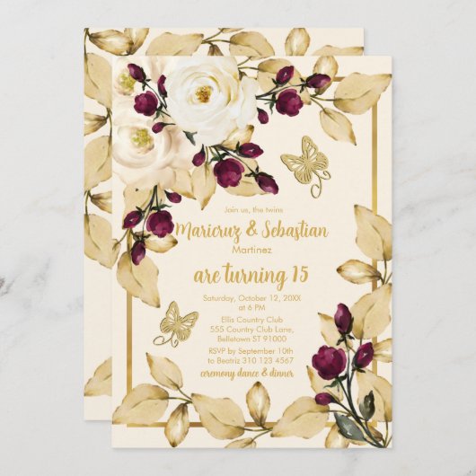 Tweeling Quinceañera Champagne Bourgondië en goud Kaart (Voorkant / Achterkant)