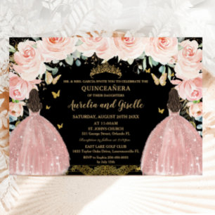 Tweeling Quinceañera Prinses Blush Bloem Zwart Gou Kaart