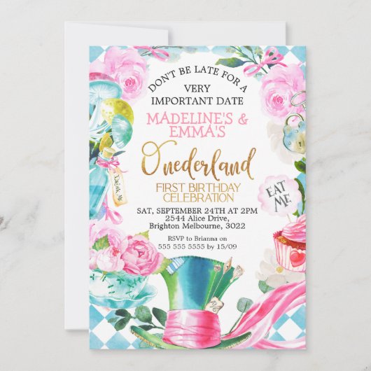 Tweeling Roze Blauw Alice In Onederland 1e Verjaar Kaart (Voorkant)