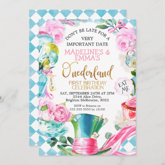 Tweeling Roze Blauw Alice In Onederland 1e Verjaar Kaart (Voorkant / Achterkant)