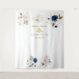 Tweeling Roze Blush Bloemige Heilige Communie Foto Wandkleed