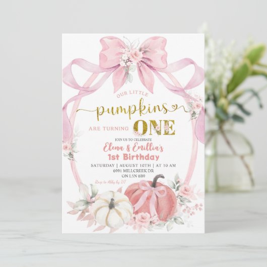 Tweeling Roze Bow Coquette Little Pumpkins Verjaar Kaart (Staand voorkant)
