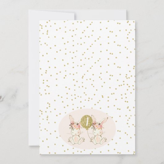 Tweeling Roze Goud Bloemenkonijn 1e Verjaardag Kaart (Achterkant)