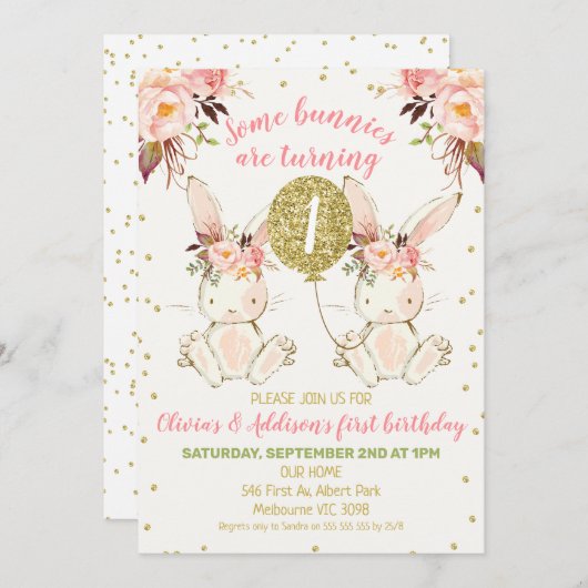 Tweeling Roze Goud Bloemenkonijn 1e Verjaardag Kaart (Voorkant / Achterkant)