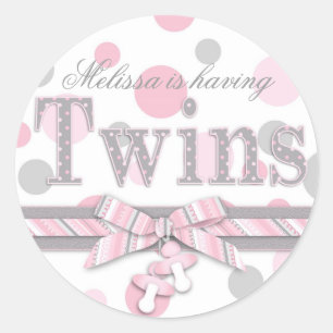 Tweeling Roze & Grijs Polka Dots Baby shower Ronde Sticker