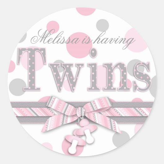 Tweeling Roze & Grijs Polka Dots Baby shower Ronde Sticker (Voorkant)